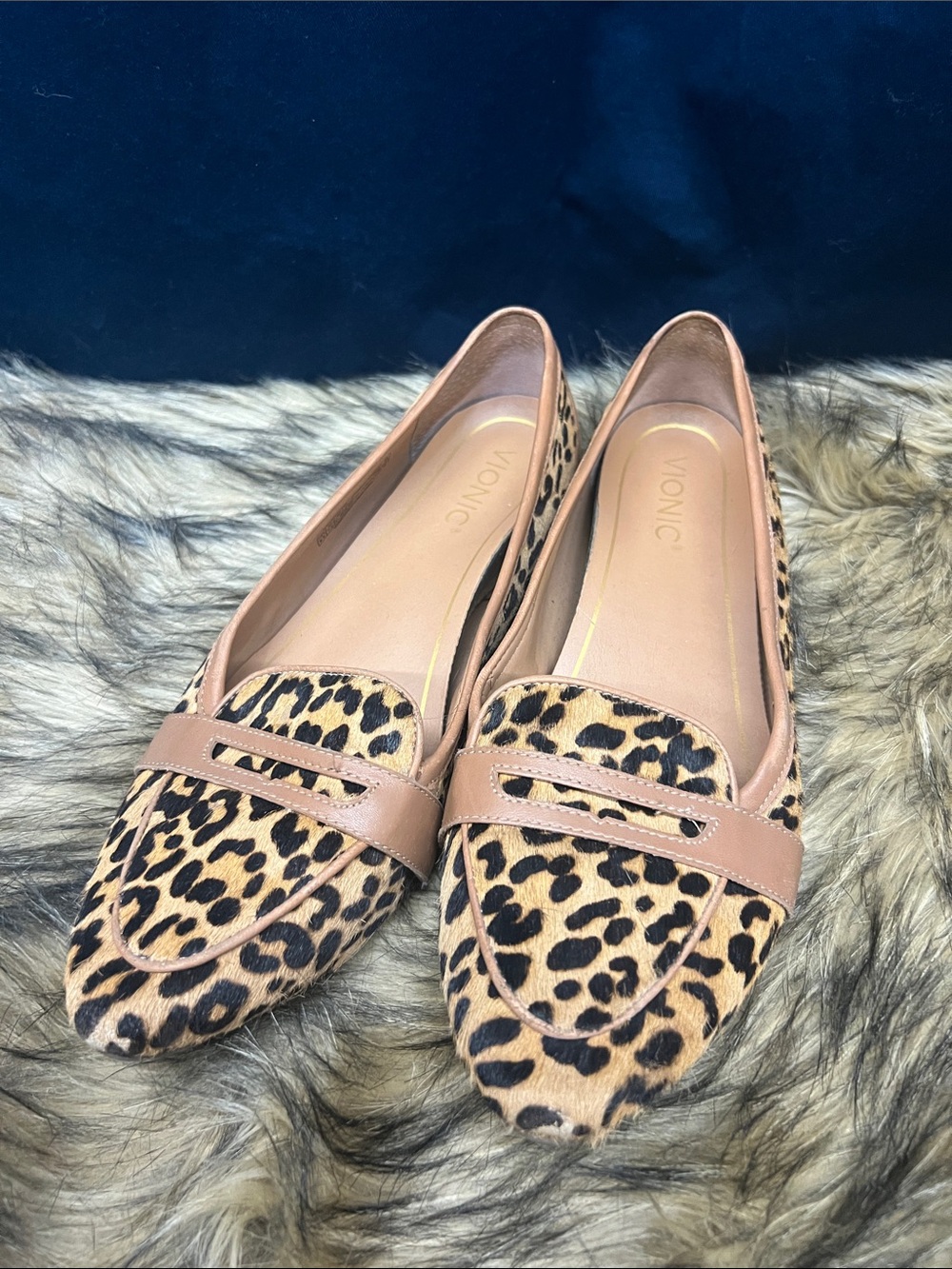 Vionic Leopard Print Pointed-Toe Flats with Tan Trim